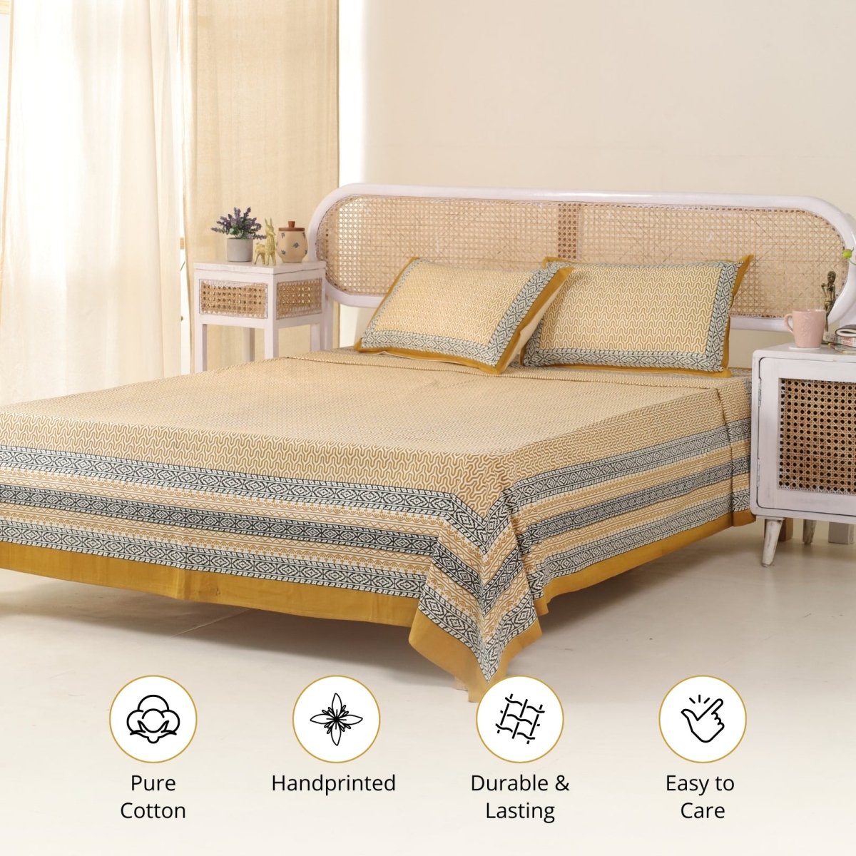 Cotton Bed sheet in Queen Size With 2 Pillow Covers Hand Printed In Mustard & Black