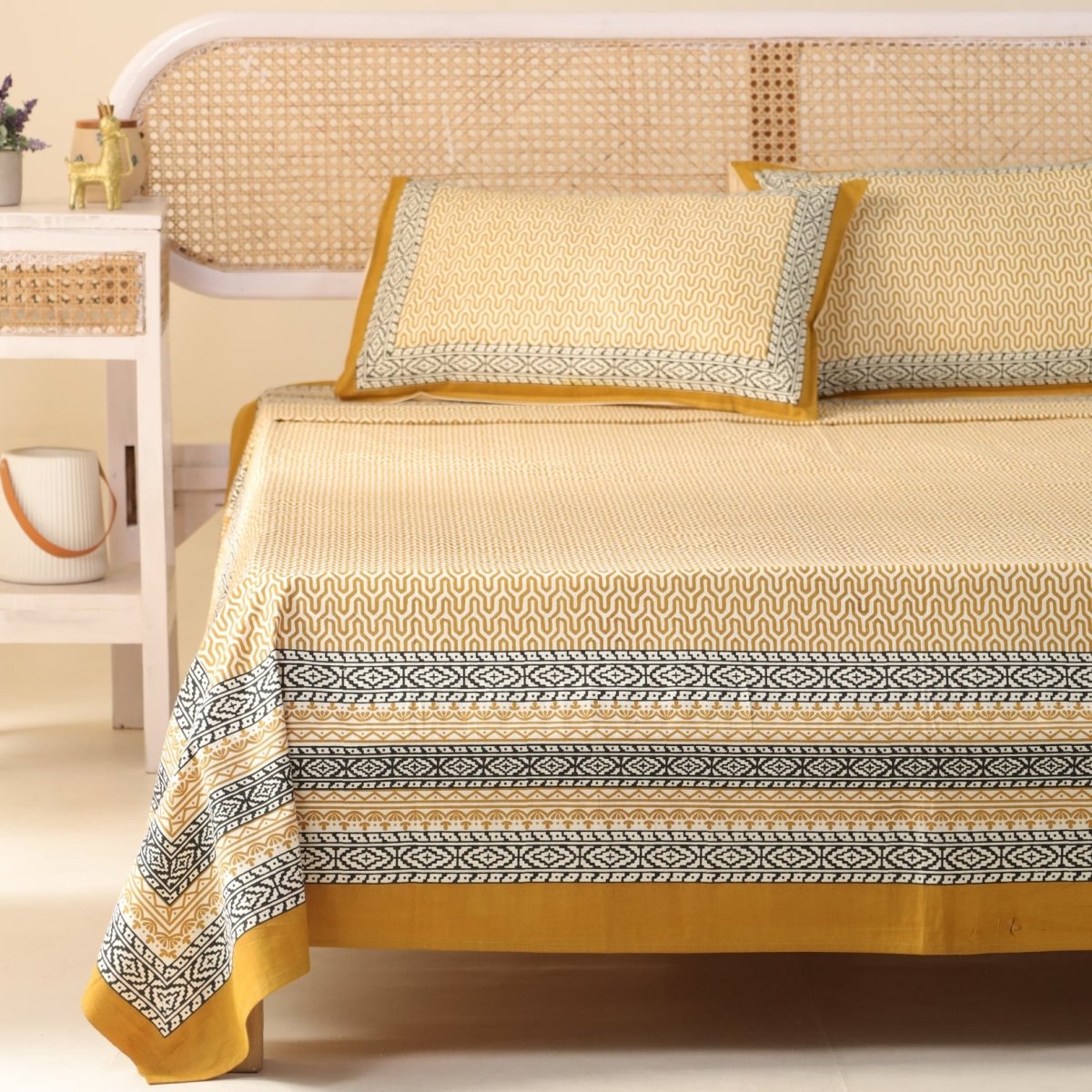 Cotton Bed sheet in Queen Size With 2 Pillow Covers Hand Printed In Mustard & Black