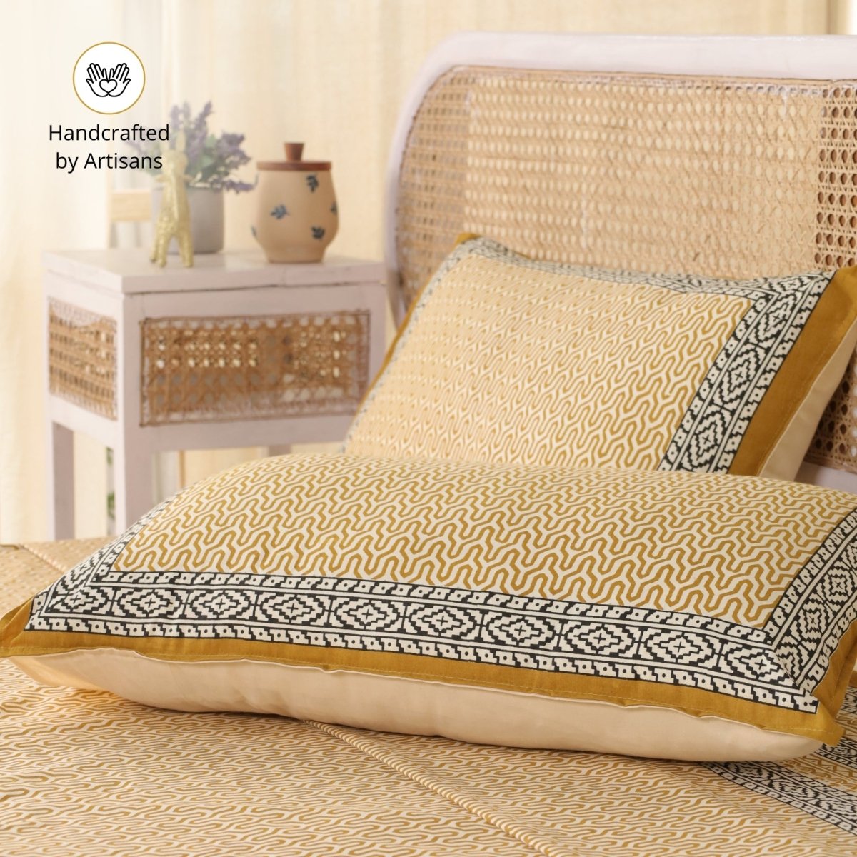 Cotton Bed sheet in Queen Size With 2 Pillow Covers Hand Printed In Mustard & Black