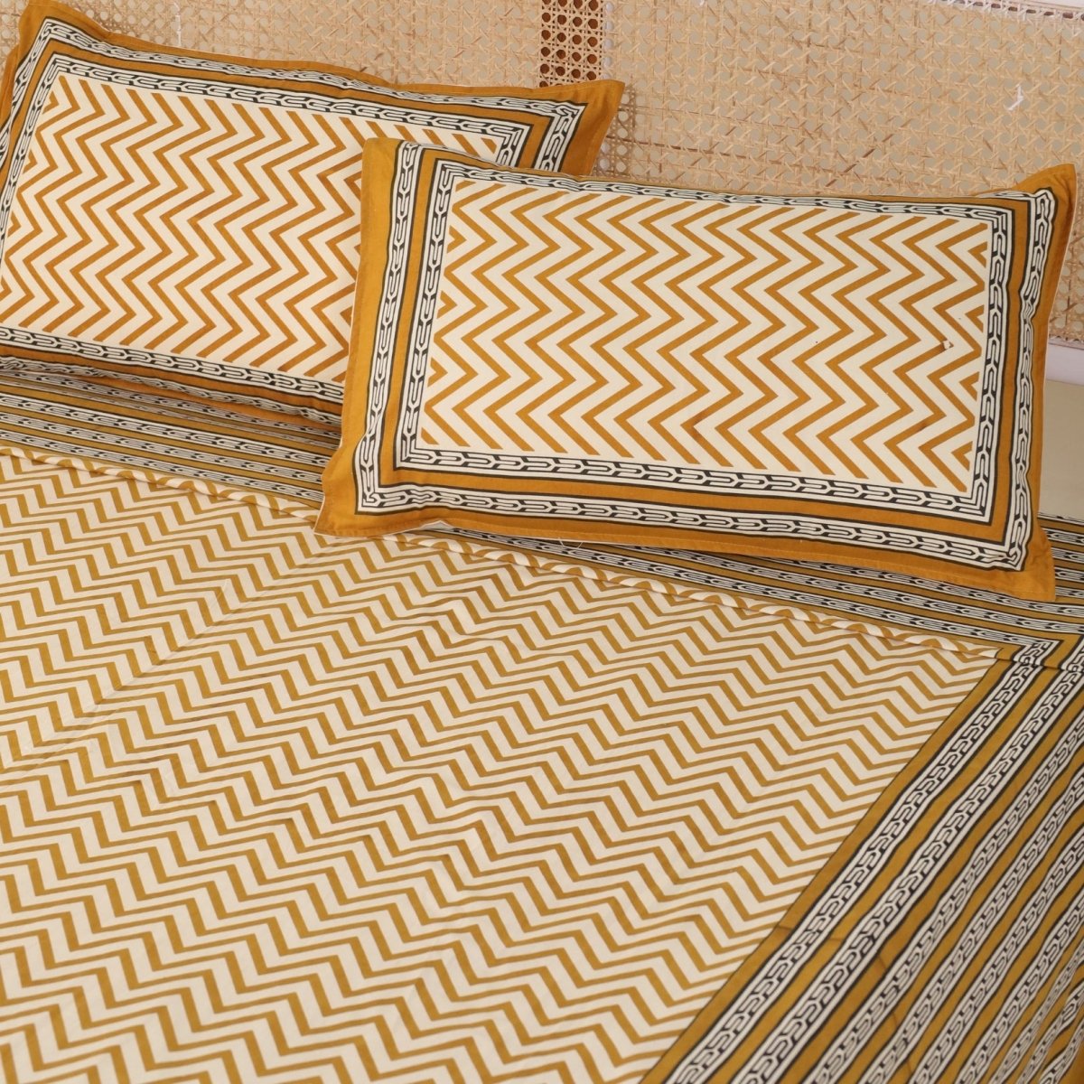 Cotton Bed sheet in Queen Size with 2 Pillow Covers Hand Printed In Mustard & Black