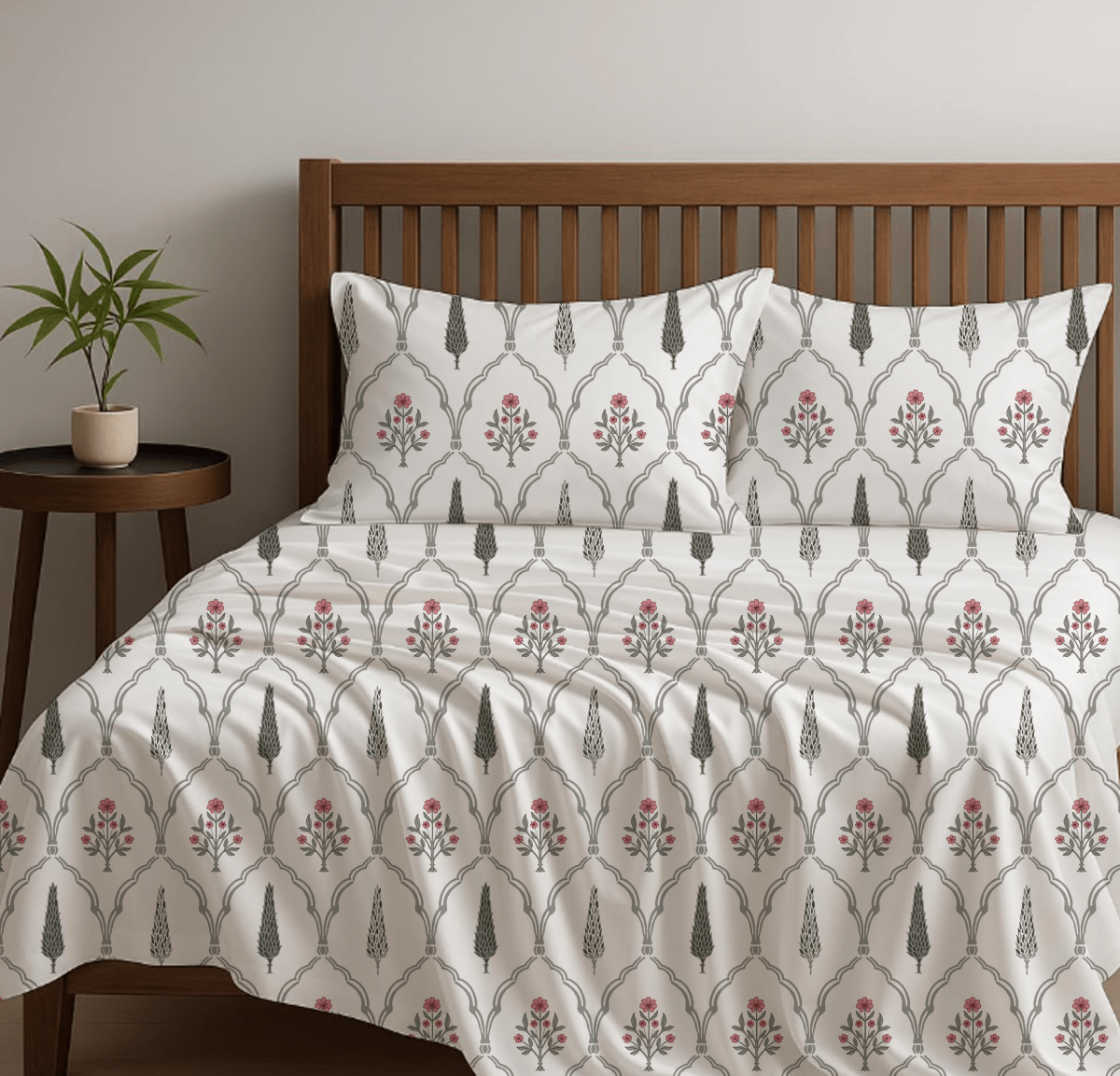 Cypress Pink Pure Cotton Double Bedsheet | Queen Size | Handprinted
