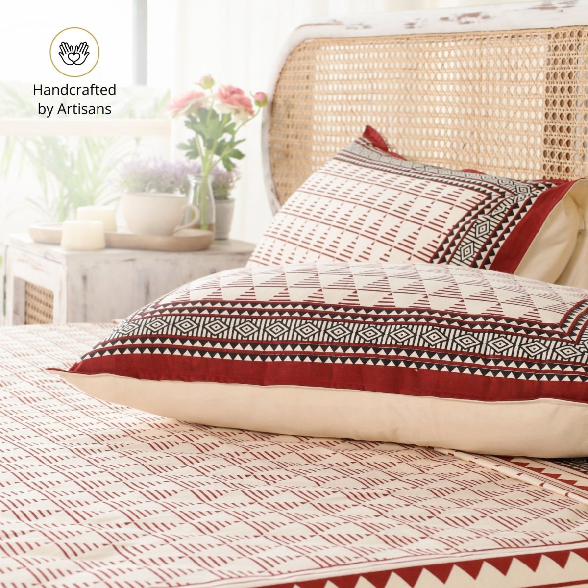 Cotton Bed sheet in Queen Size Set With 2 Pillow Covers Hand Printed Geometric Design in Beige, Black With Maroon Accents