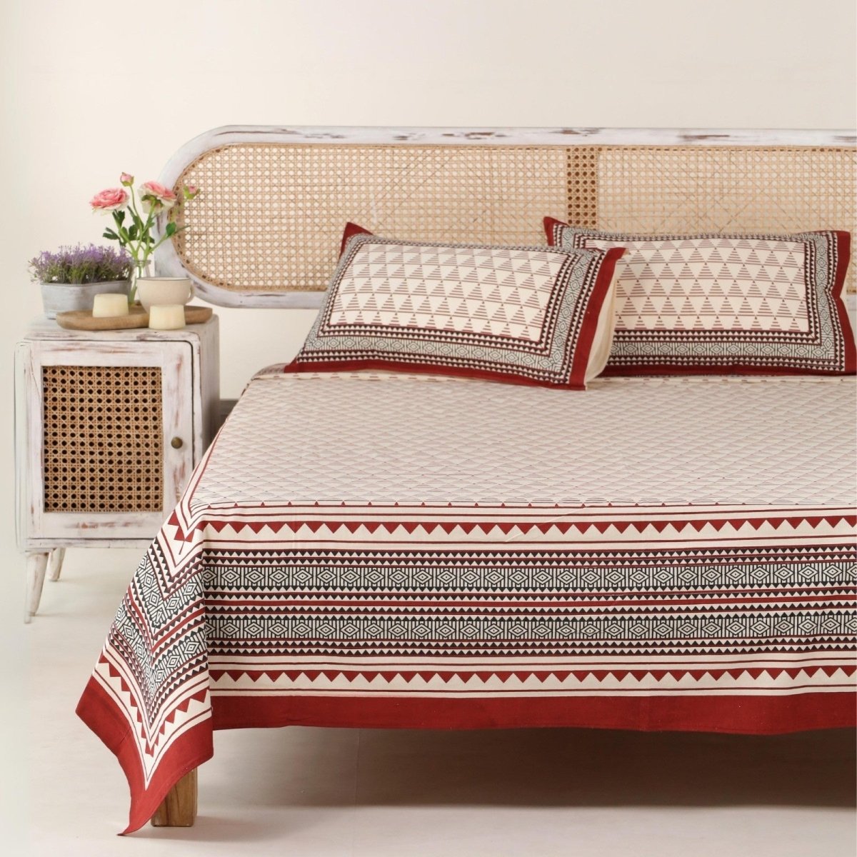 Cotton Bed sheet in Queen Size Set With 2 Pillow Covers Hand Printed Geometric Design in Beige, Black With Maroon Accents