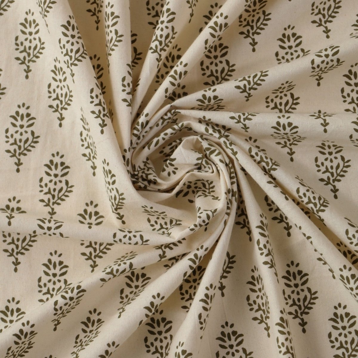 Cotton Bed sheet in Queen Size Set With 2 Pillow Covers Hand Printed in Beige and Green Florals