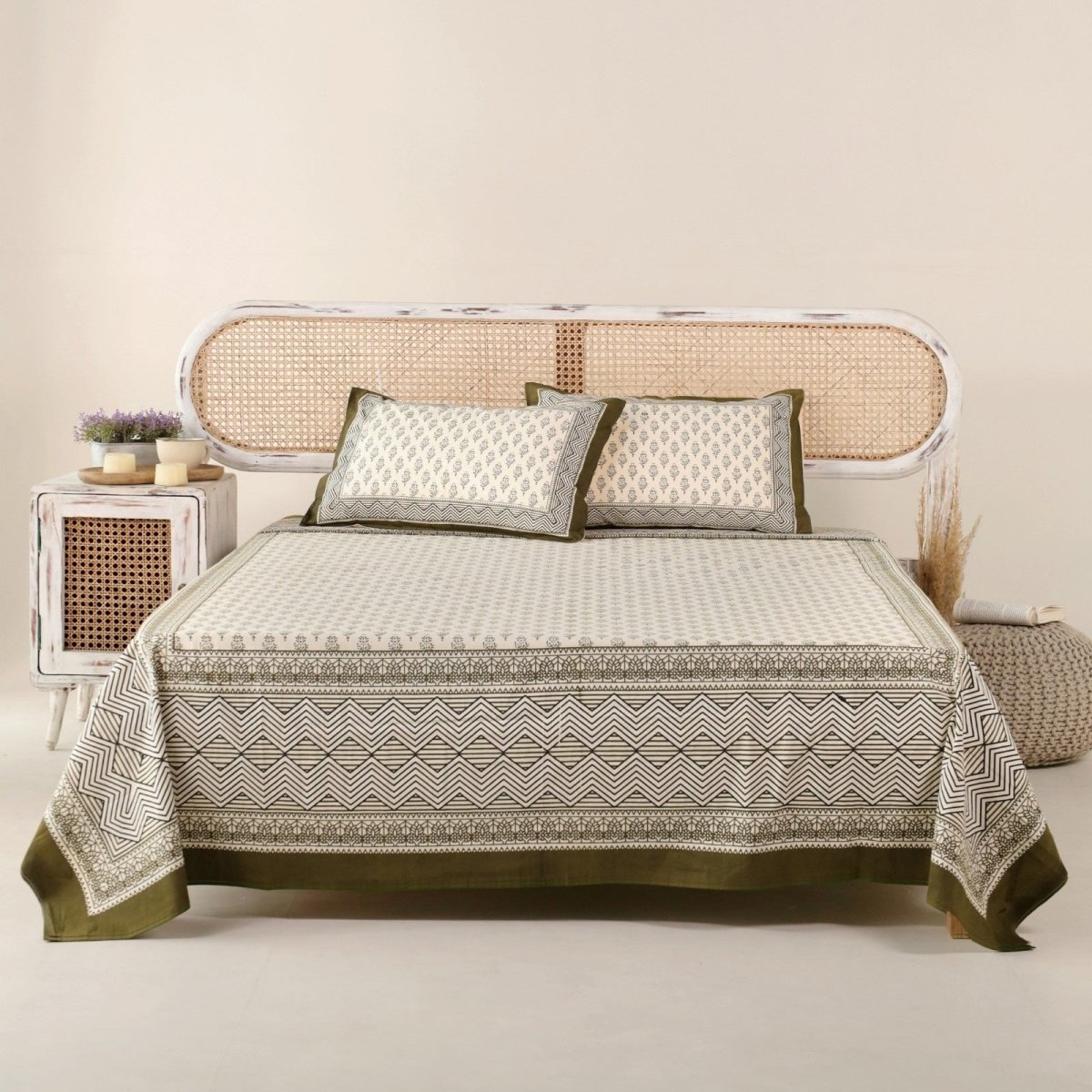 Cotton Bed sheet in Queen Size Set With 2 Pillow Covers Hand Printed in Beige and Green Florals