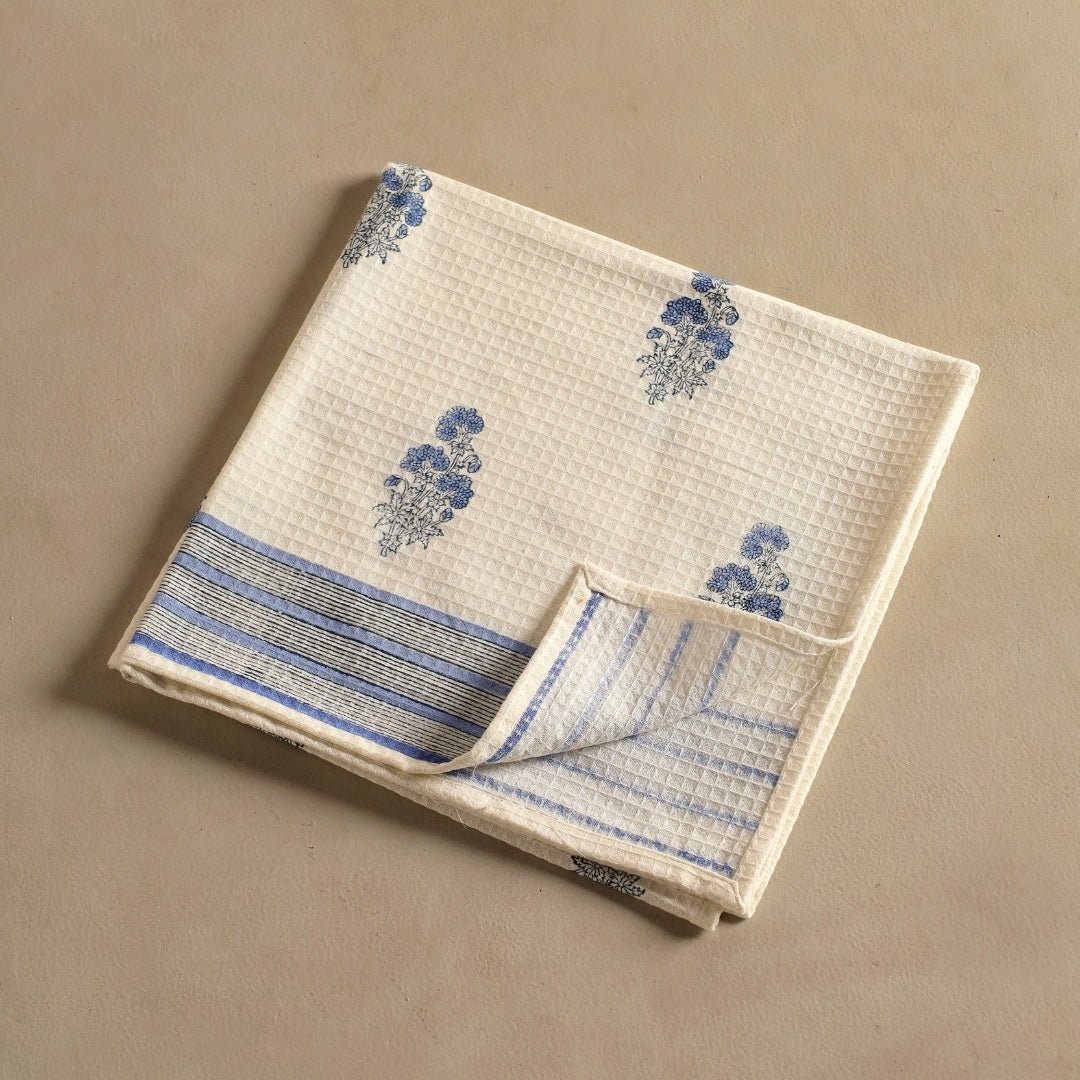 Blue Floral Pattern Pure Cotton Block Printed Bath & Hand Towel Set