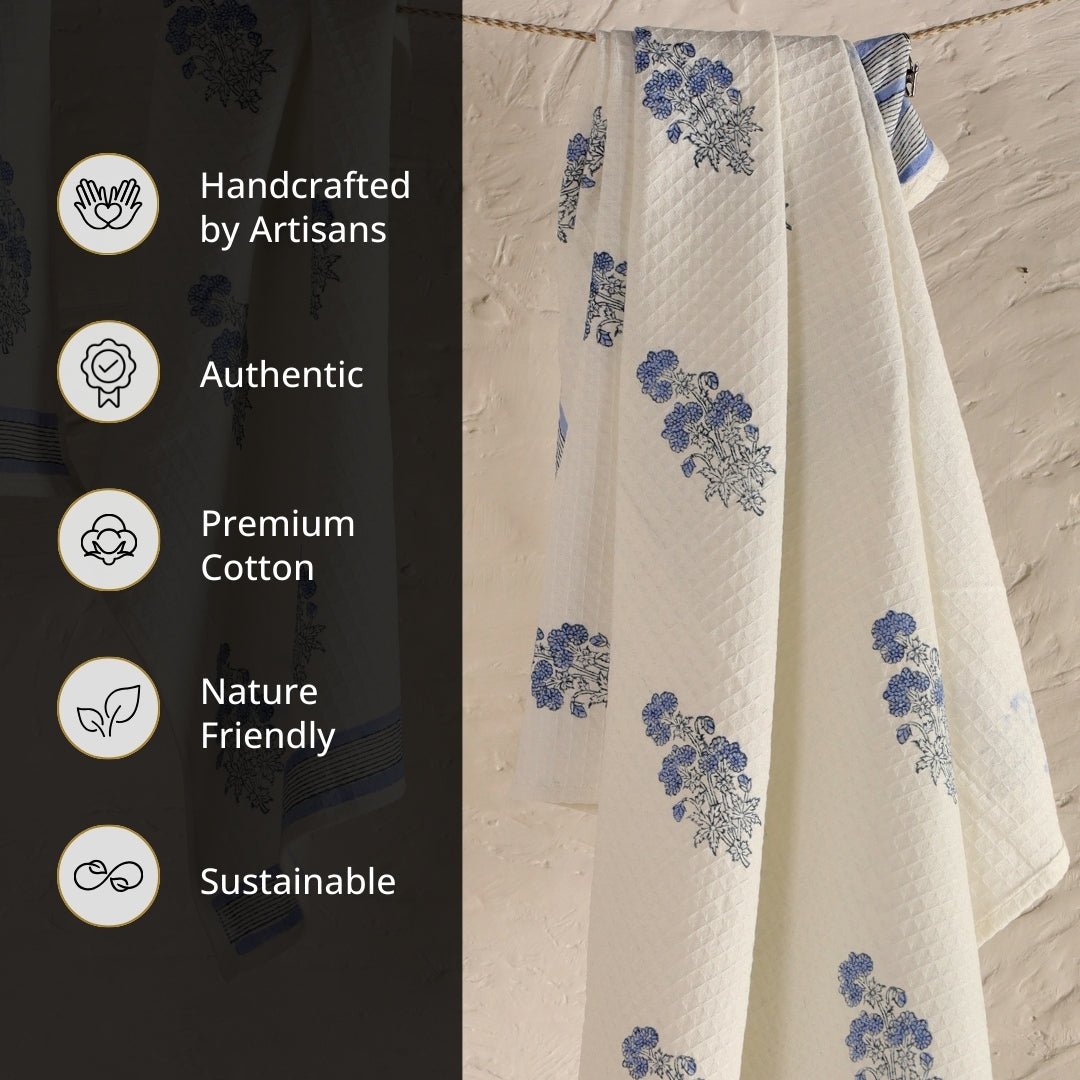 Blue Floral Pattern Pure Cotton Block Printed Bath & Hand Towel Set