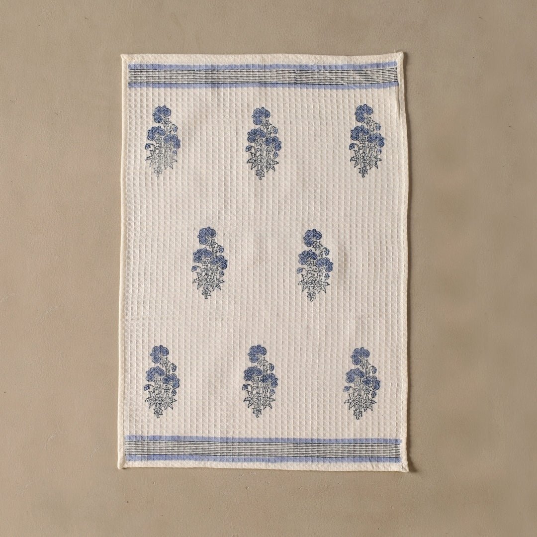 Blue Floral Pattern Pure Cotton Block Printed Bath & Hand Towel Set
