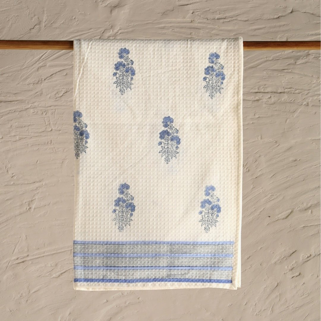 Blue Floral Pattern Pure Cotton Block Printed Bath & Hand Towel Set