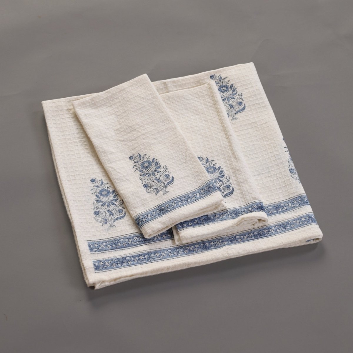 Pure Cotton Hand and Bath Towel Set | Hand Block Printed In Off White and Blue | Handmade in India - Bath Towel: 30 X 60 inches & Hand Towel: 16 X 24 inches | 2 Bath & 2 Hand Towels | Off White & Blue