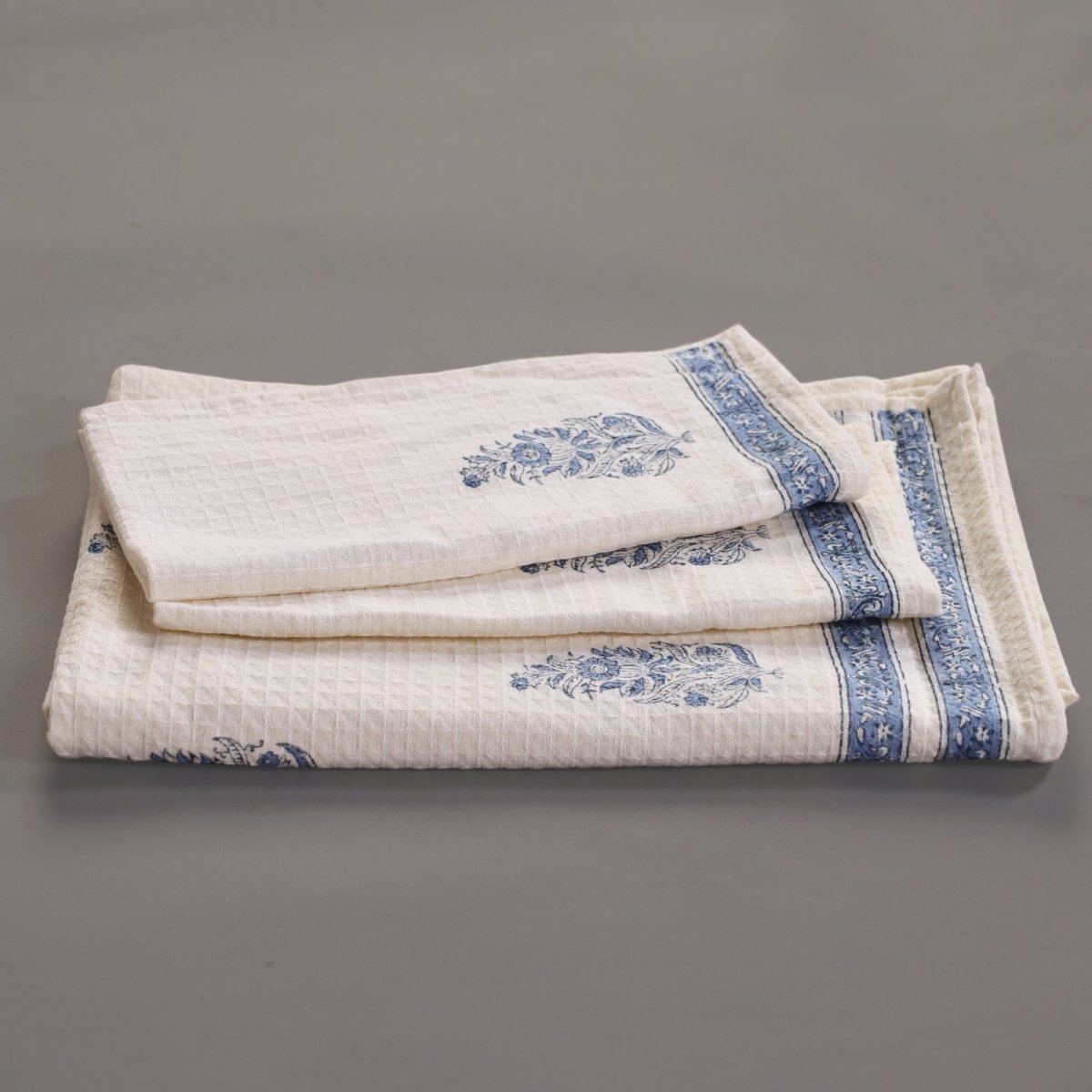 Pure Cotton Hand and Bath Towel Set | Hand Block Printed In Off White and Blue | Handmade in India - Bath Towel: 30 X 60 inches & Hand Towel: 16 X 24 inches | 2 Bath & 2 Hand Towels | Off White & Blue