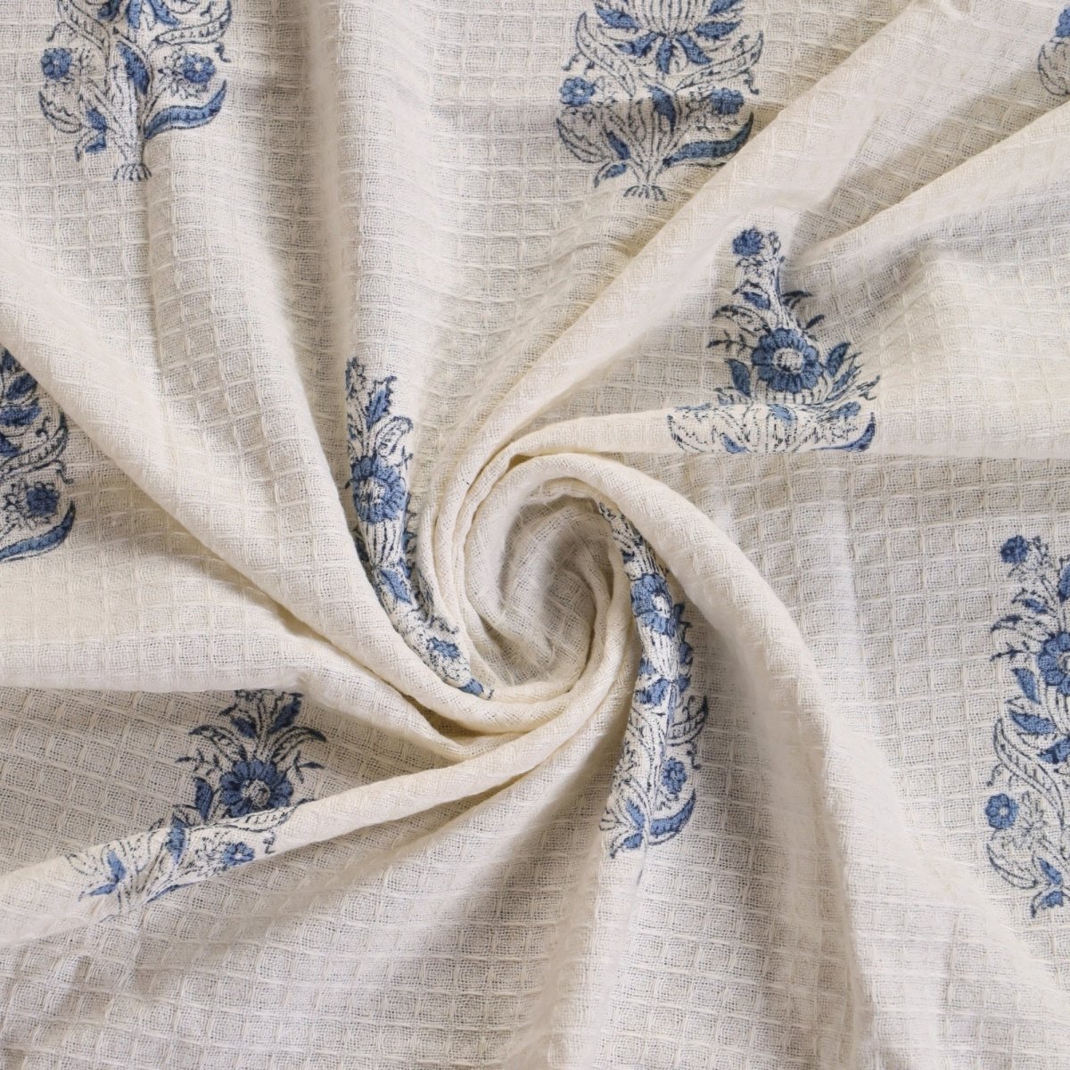 Off-White & Blue Pure Cotton Block Printed Bath & Hand Towel Set