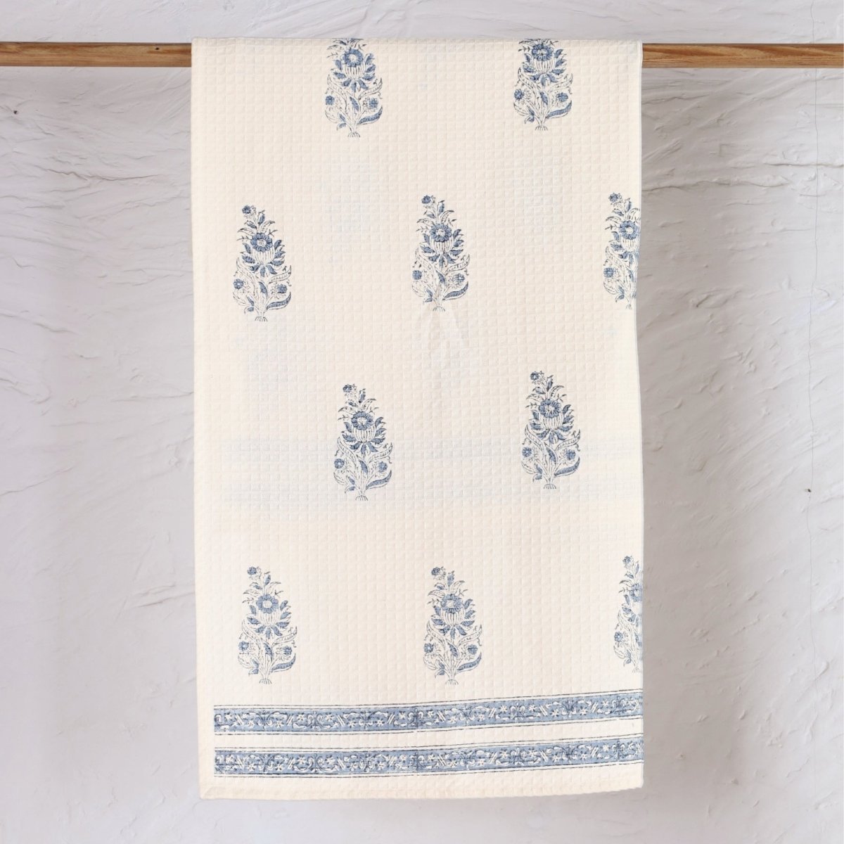 Off-White & Blue Pure Cotton Block Printed Bath & Hand Towel Set