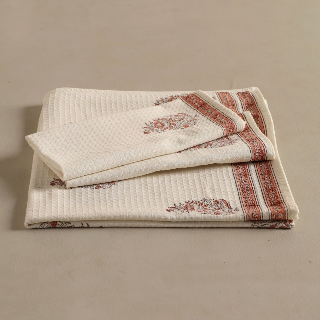 Off-White & Peach Pure Cotton Block Printed Bath & Hand Towel Set