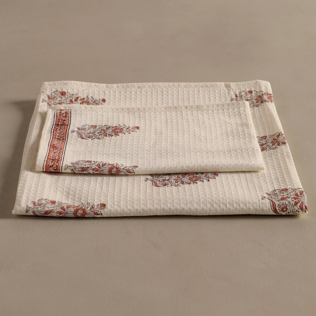 Pure Cotton Hand and Bath Towel Set | Hand Block Printed In Off White And Peach | Handmade In India - Bath Towel: 30 x 60 inches & Hand Towel: 16 x 24 inches | 2 Bath & 2 Hand Towels | Off White & Peach