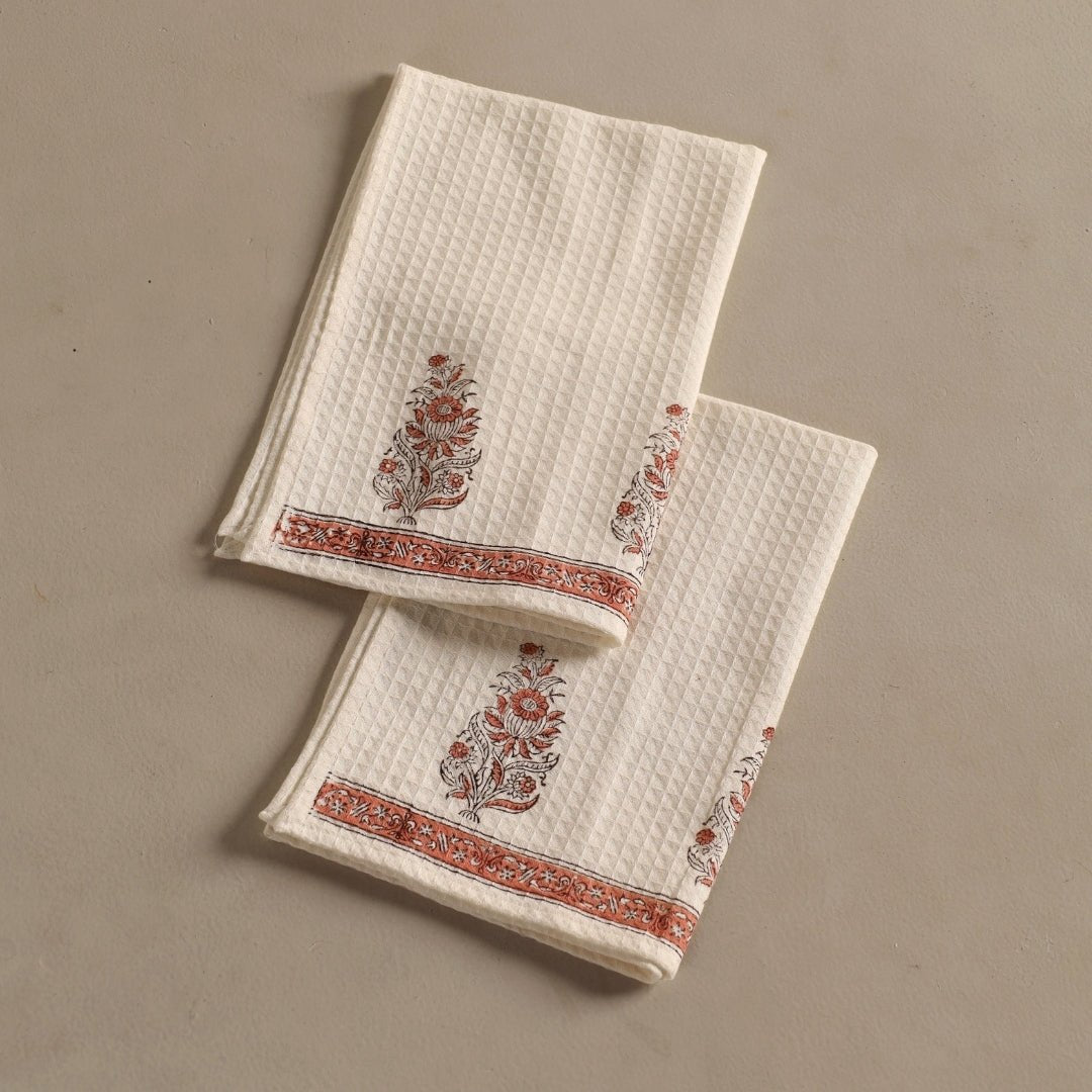 Off-White & Peach Pure Cotton Block Printed Bath & Hand Towel Set