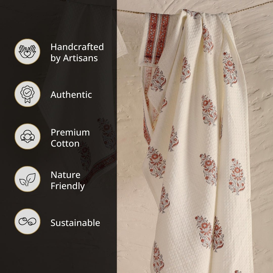 Off-White & Peach Pure Cotton Block Printed Bath & Hand Towel Set