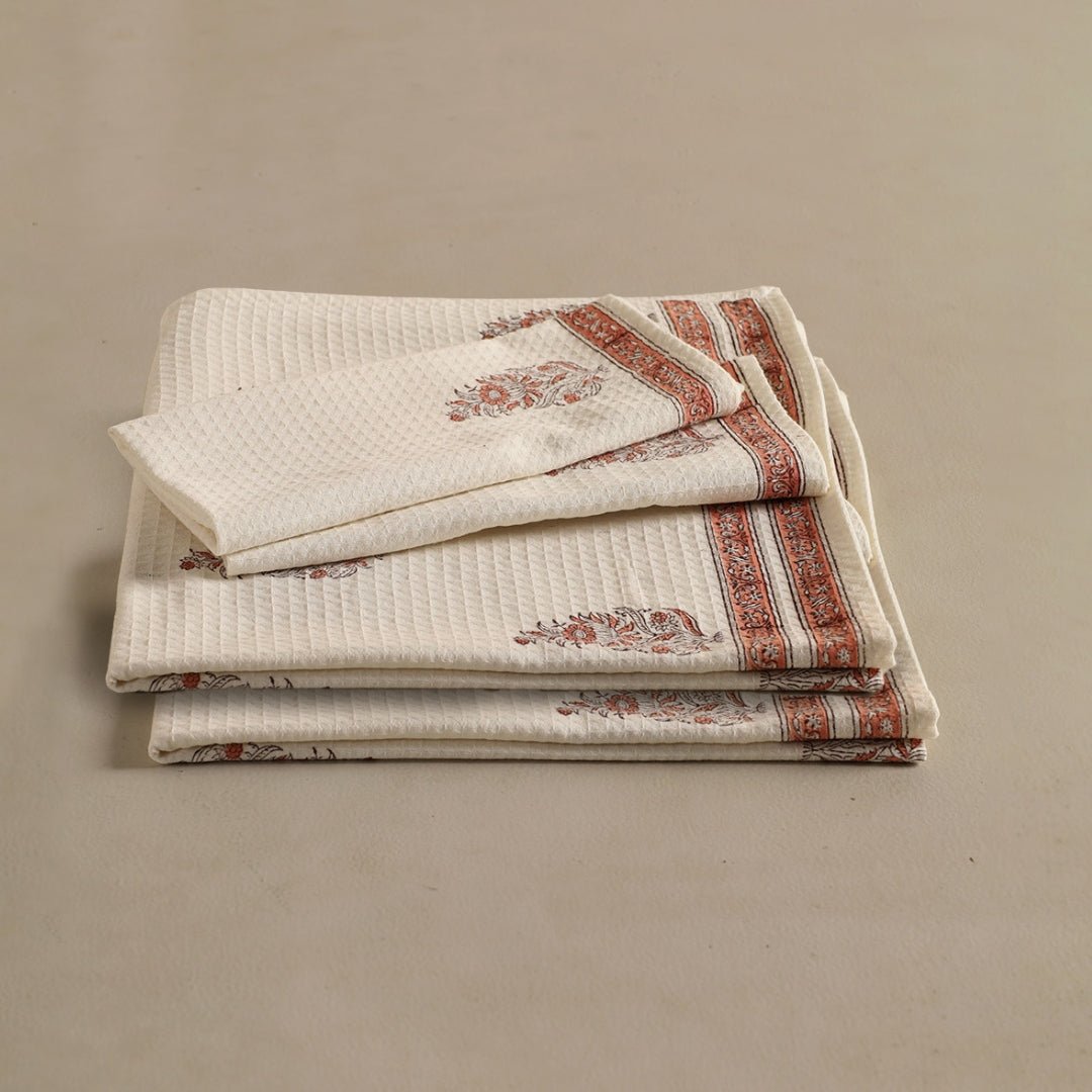 Pure Cotton Hand and Bath Towel Set | Hand Block Printed In Off White And Peach | Handmade In India - Bath Towel: 30 x 60 inches & Hand Towel: 16 x 24 inches | 2 Bath & 2 Hand Towels | Off White & Peach