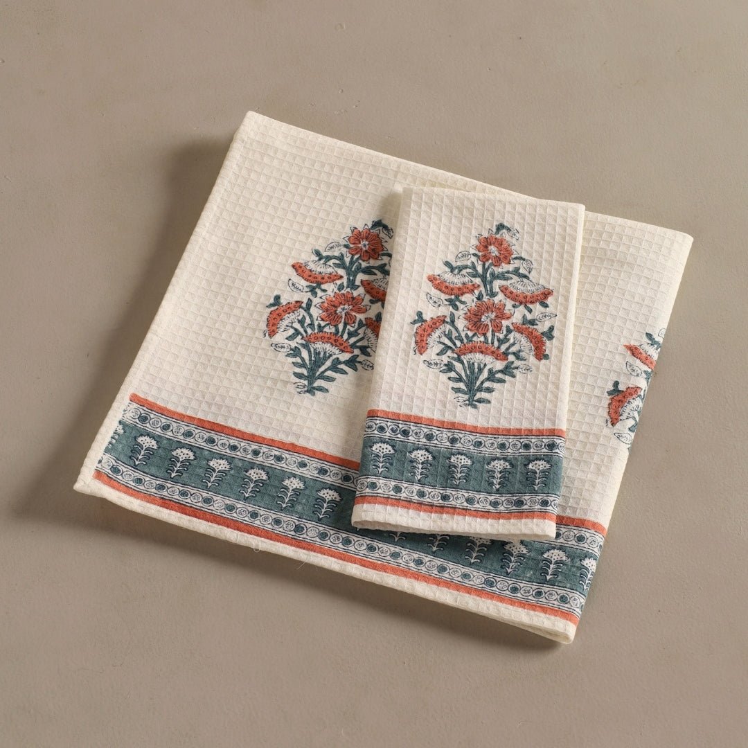 Peach And Teal Pure Cotton Block Printed Bath & Hand Towel Set