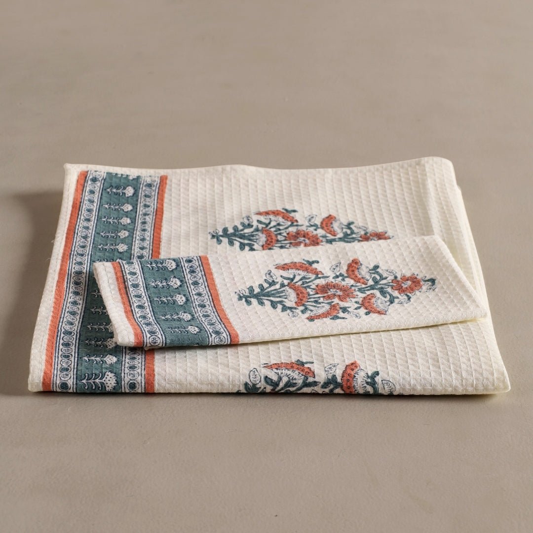 Peach And Teal Pure Cotton Block Printed Bath & Hand Towel Set