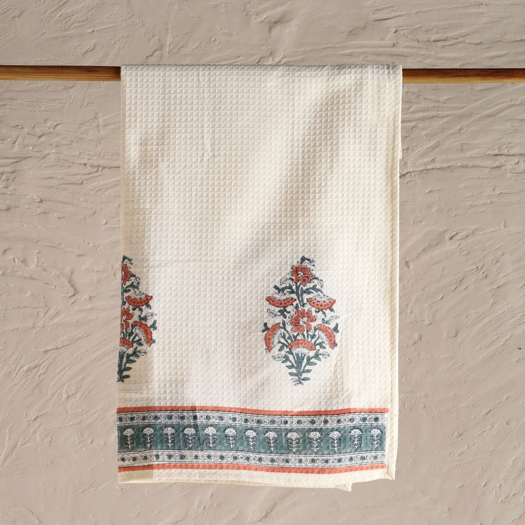 Peach And Teal Pure Cotton Block Printed Bath & Hand Towel Set