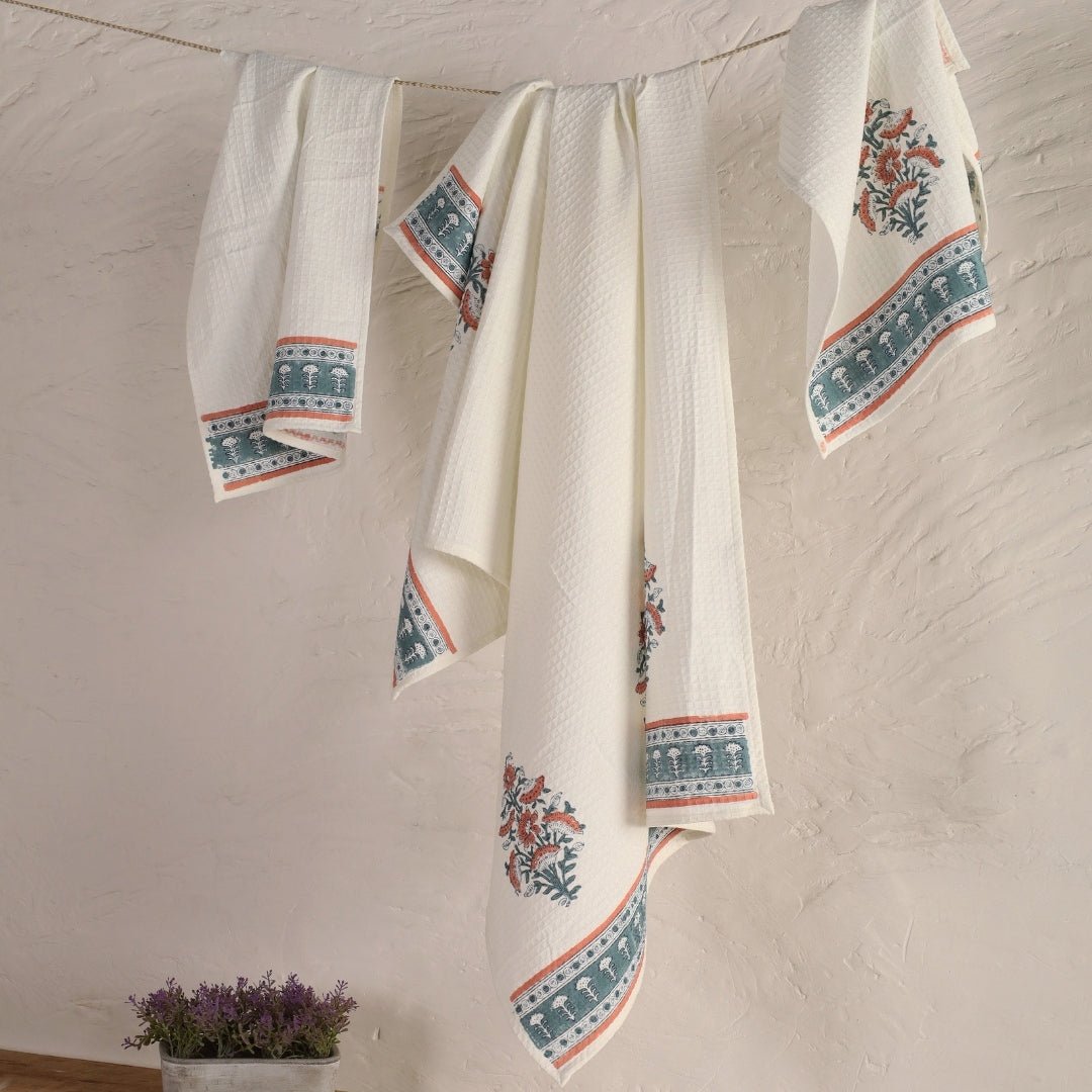 Peach And Teal Pure Cotton Block Printed Bath & Hand Towel Set