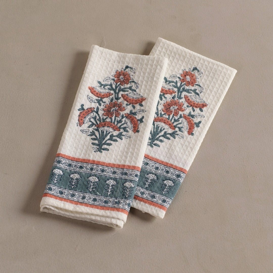 Peach And Teal Pure Cotton Block Printed Bath & Hand Towel Set