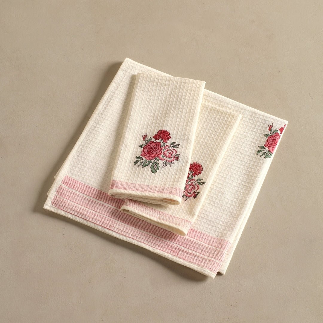 Off White With Roses Pure Cotton Block Printed Bath & Hand Towel Set