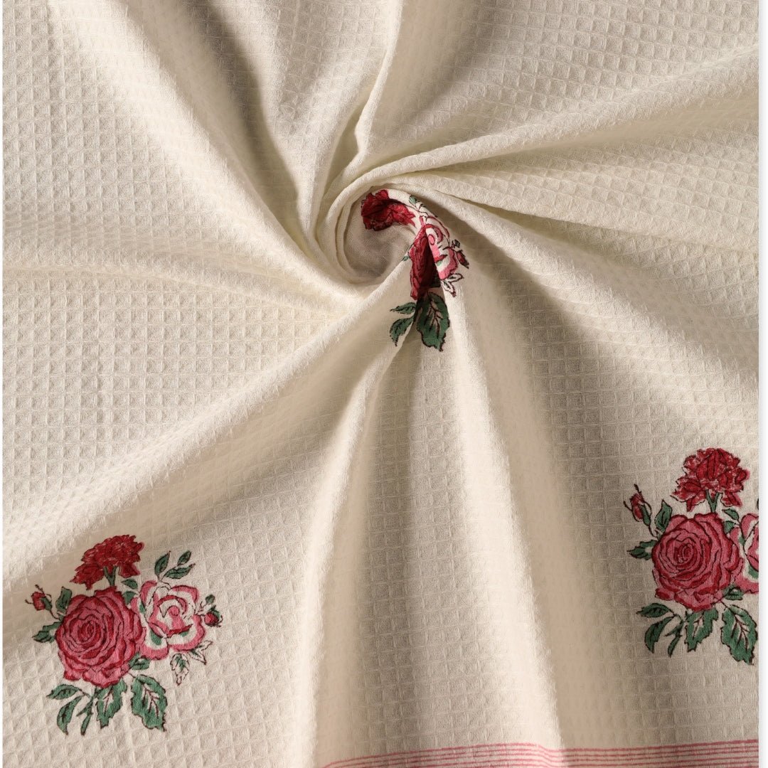Off White With Roses Pure Cotton Block Printed Bath & Hand Towel Set