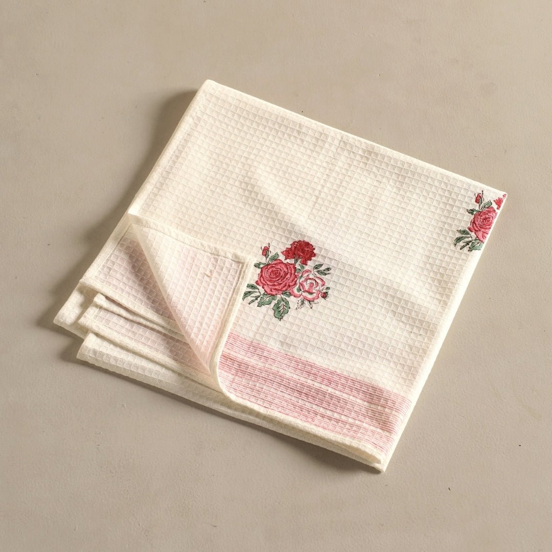 Off White With Roses Pure Cotton Block Printed Bath & Hand Towel Set