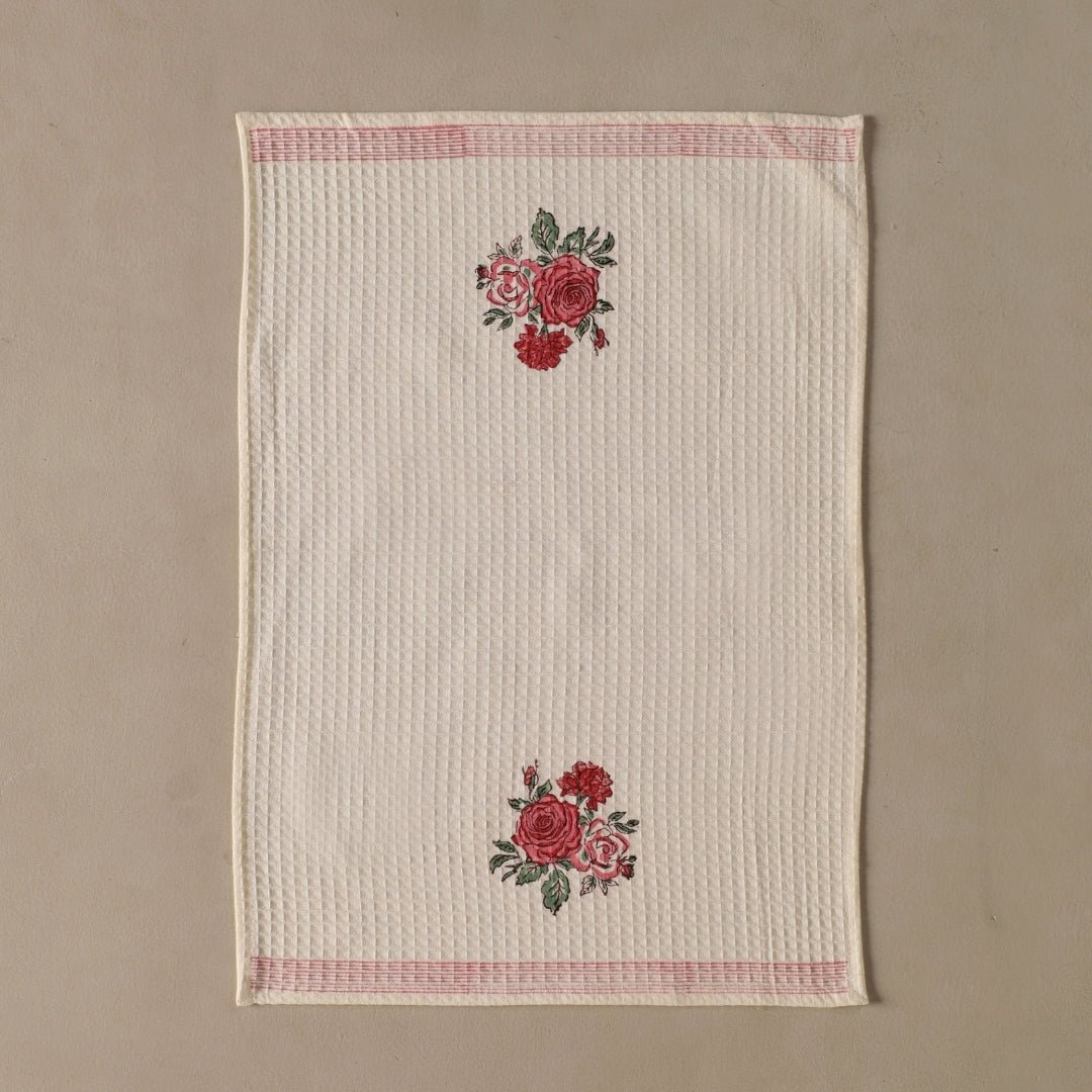 Off White With Roses Pure Cotton Block Printed Bath & Hand Towel Set