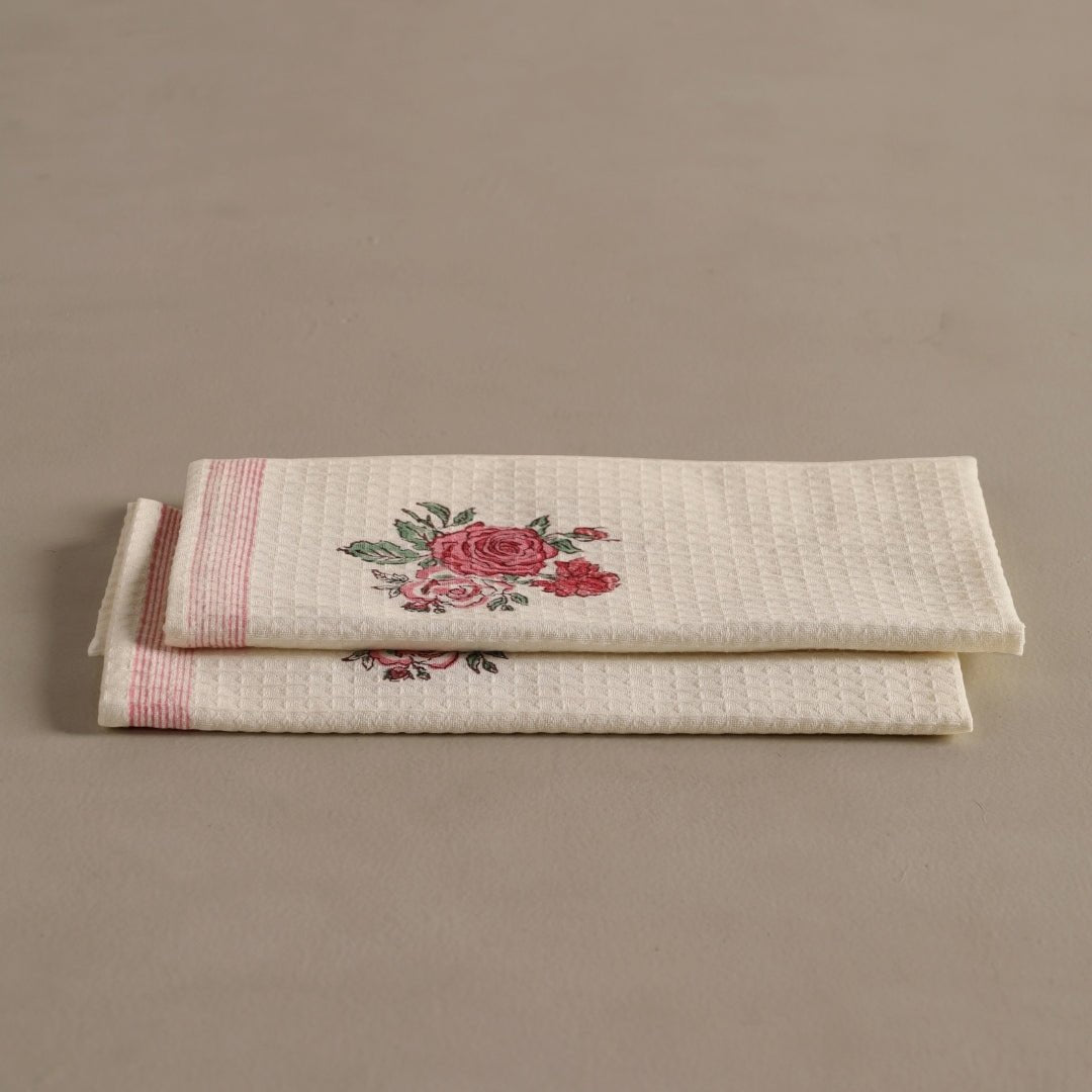 Off White With Roses Pure Cotton Block Printed Bath & Hand Towel Set