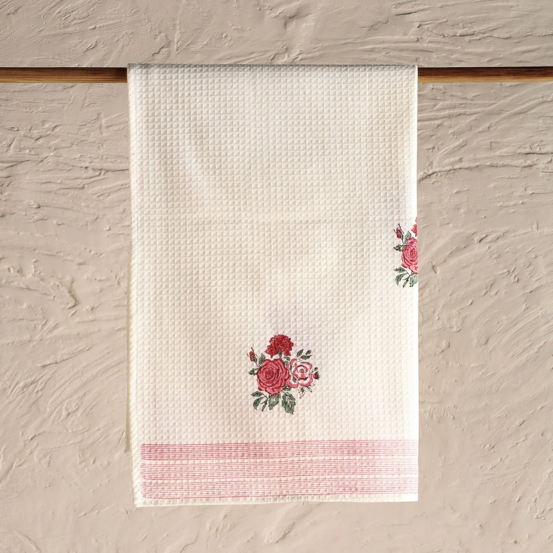 Pure Cotton Hand and Bath Towel Set | Hand Block Printed Off White With Roses | Bath Towel 30 x 60 inches & Hand Towel 16 x 24 inches