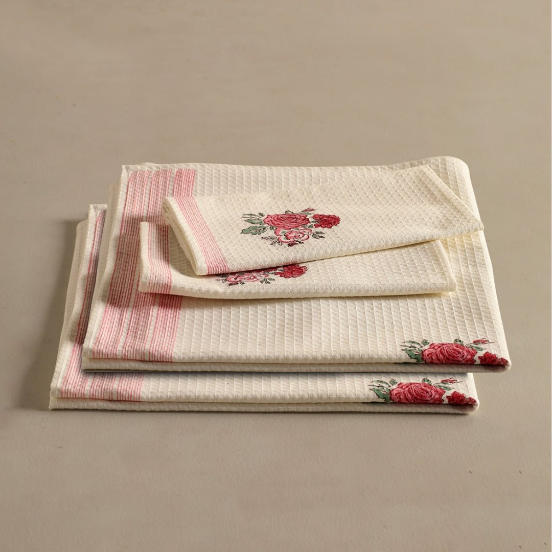 Pure Cotton Hand and Bath Towel Set | Hand Block Printed Off White With Roses | Bath Towel 30 x 60 inches & Hand Towel 16 x 24 inches