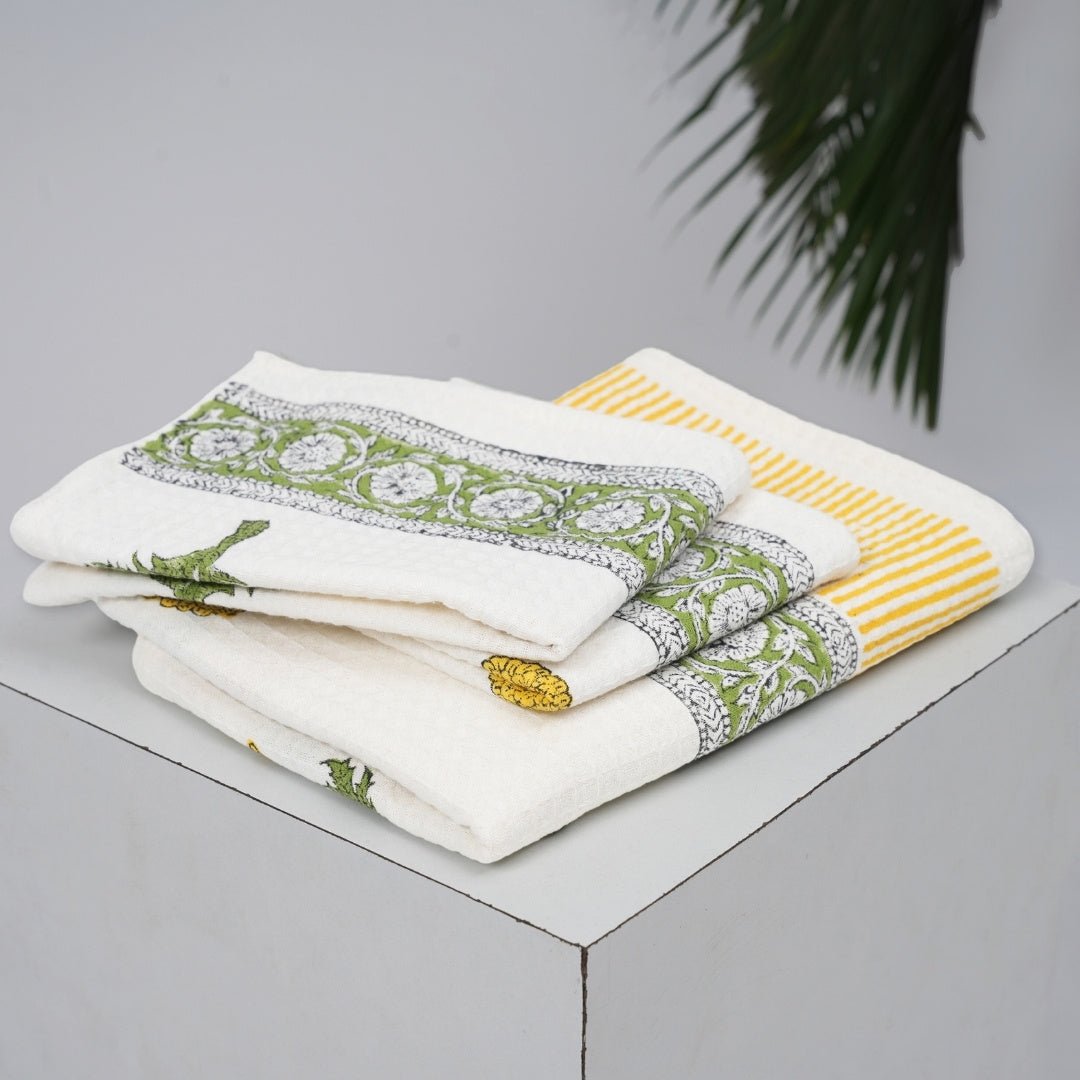Pure Cotton Hand and Bath Towel Set | Block Printed in Marigold Pattern | Super Absorbent Soft and Faster Drying | 300 GSM | Handmade In India - Bath Towel: 30 x 60 inches & Hand Towel: 16 x 24 inches | 2 Hand Towels | White