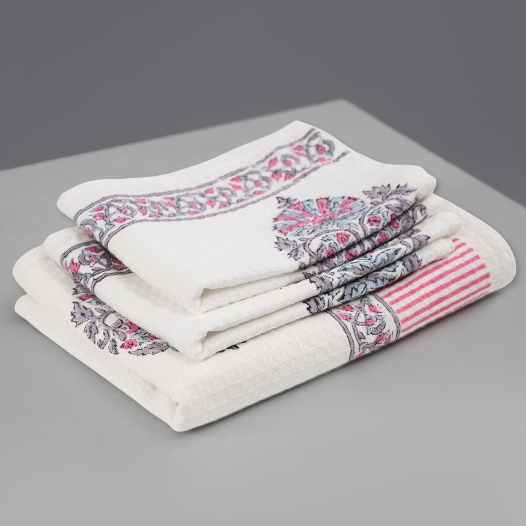 Pure Cotton Hand and Bath Towel Set | Block Printed in Petal Pattern | Super Absorbent Soft and Faster Drying | 300 GSM | Handmade In India - Bath Towel: 30 x 60 inches & Hand Towel: 16 x 24 inches | 2 Hand Towels | White