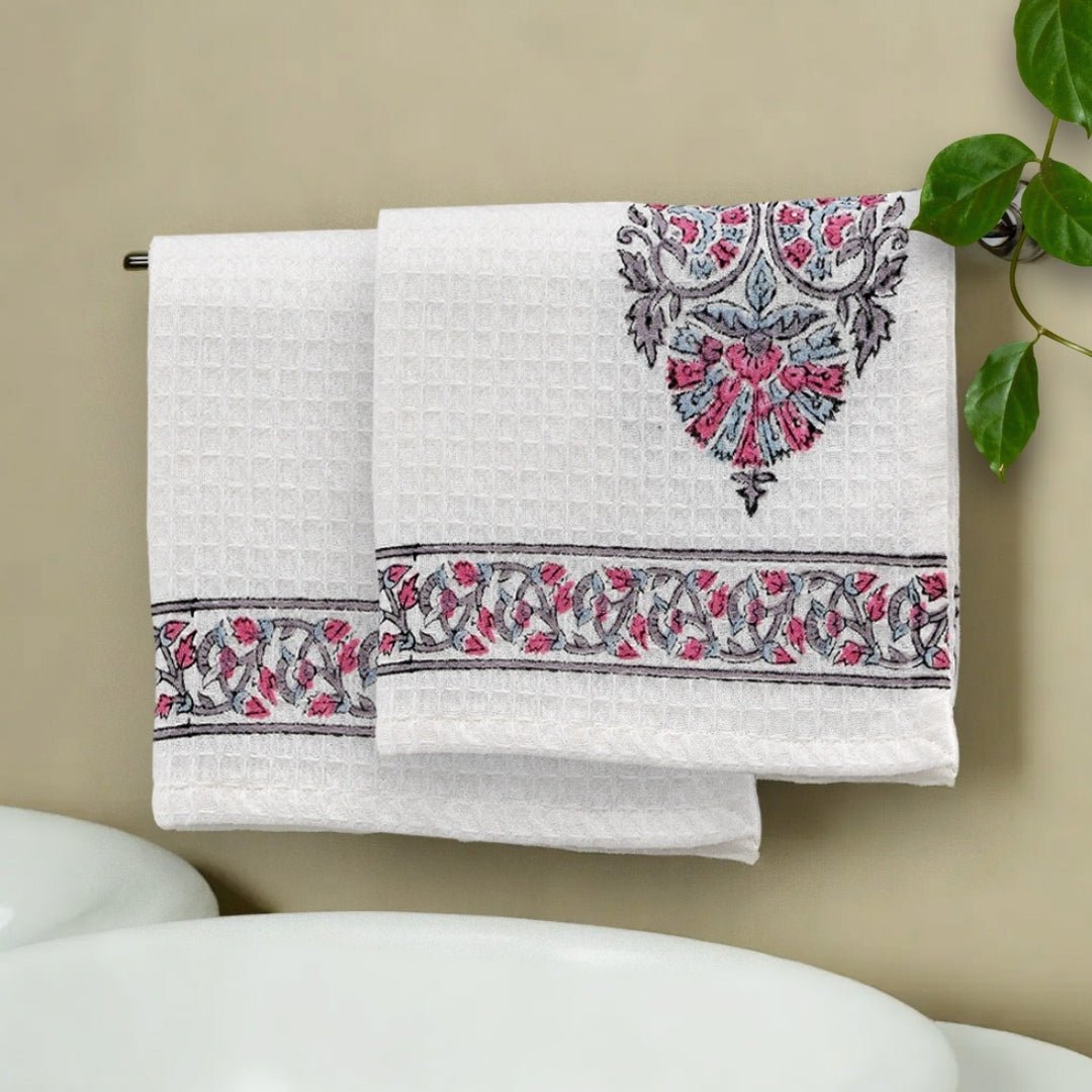 White Pure Cotton Block Printed Bath & Hand Towel Set in Petal Pattern