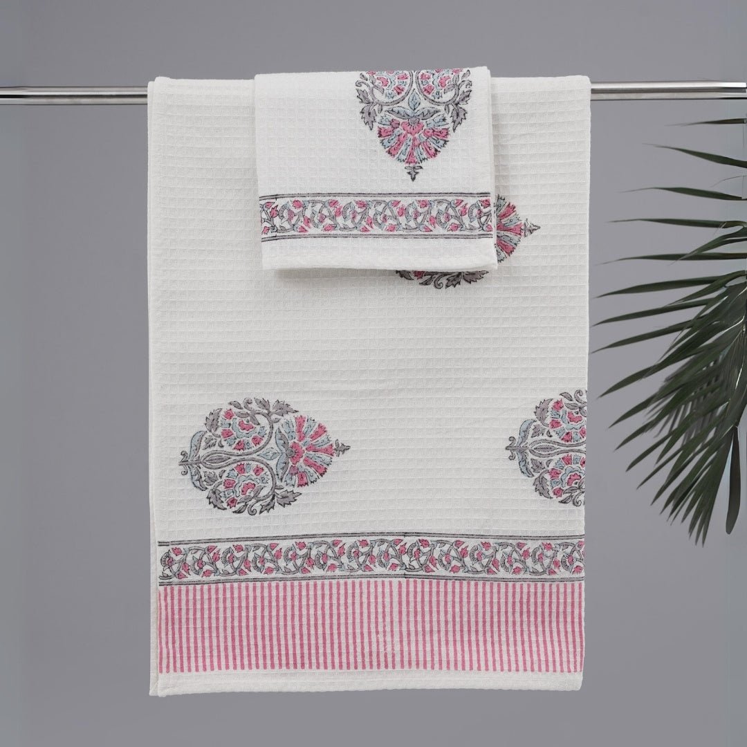 White Pure Cotton Block Printed Bath & Hand Towel Set in Petal Pattern
