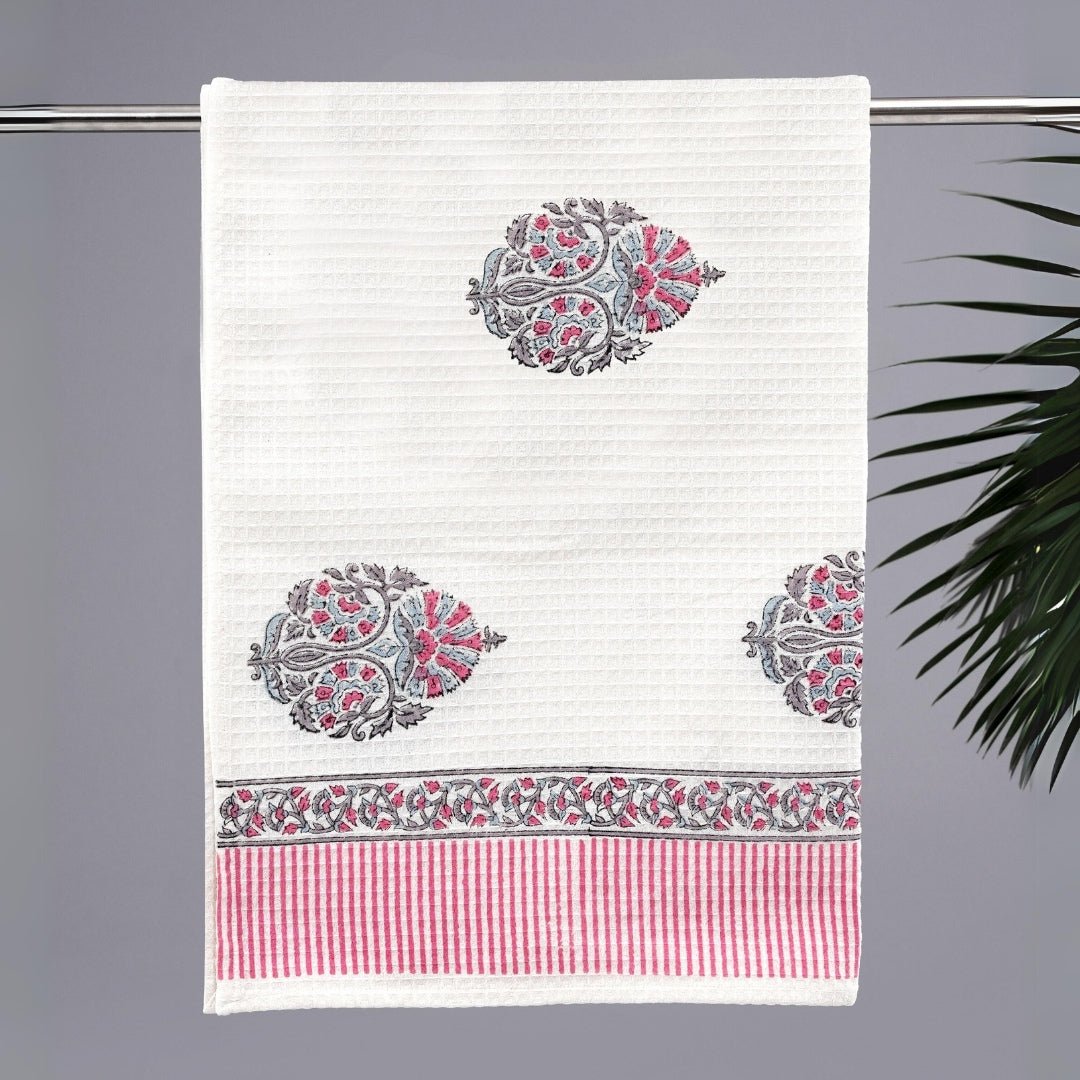 White Pure Cotton Block Printed Bath & Hand Towel Set in Petal Pattern