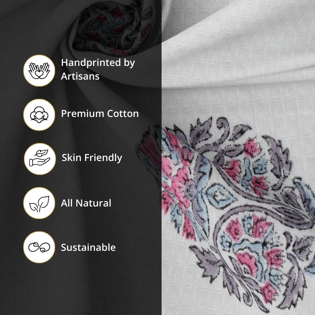 White Pure Cotton Block Printed Bath & Hand Towel Set in Petal Pattern