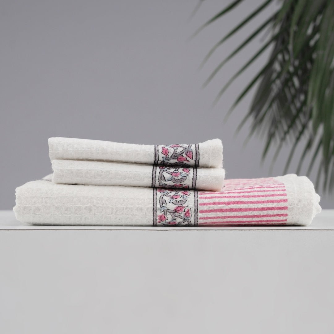 White Pure Cotton Block Printed Bath & Hand Towel Set in Petal Pattern