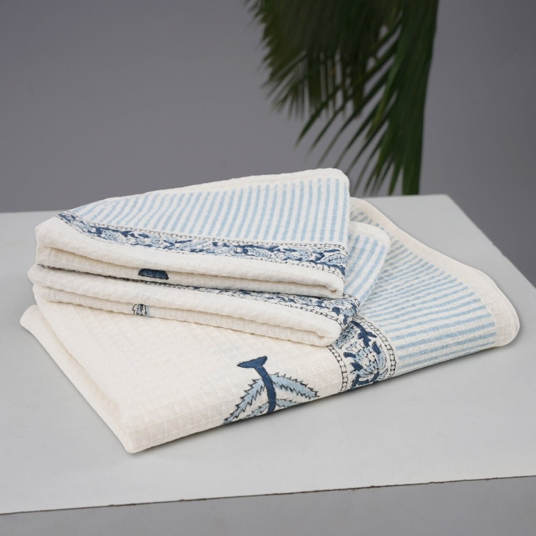 Pure Cotton Hand and Bath Towel Set | Block Printed in White & Blue Pattern | Super Absorbent Soft and Faster Drying | 300 GSM | Handmade In India - Bath Towel: 30 x 60 inches & Hand Towel: 16 x 24 inches | 2 Hand Towels | White