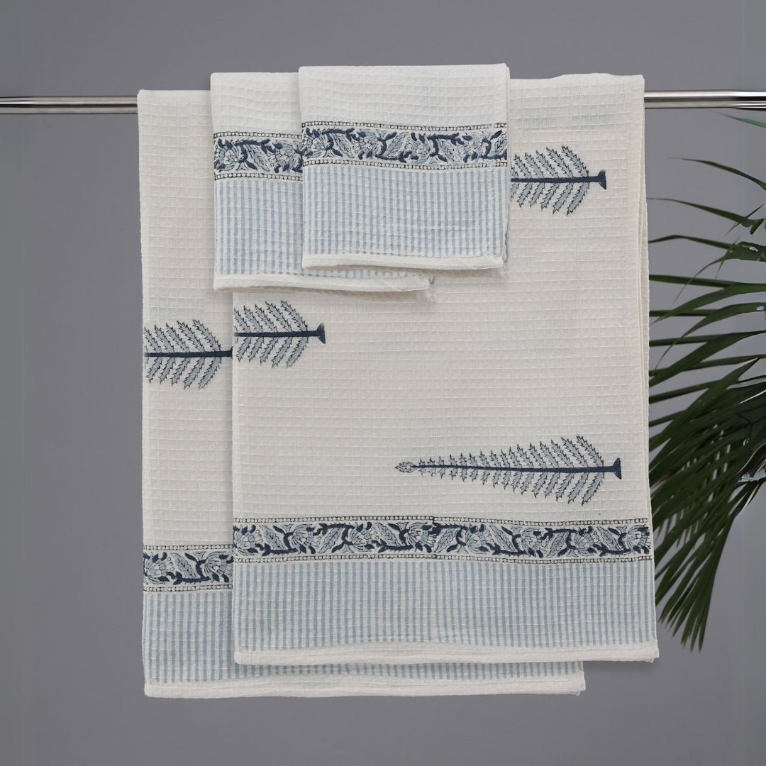 White & Blue Pattern Pure Cotton Block Printed Bath & Hand Towel Set