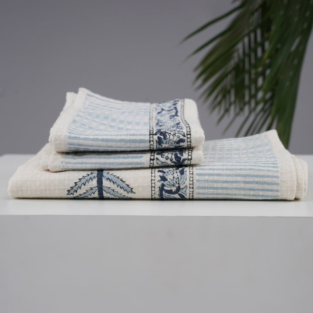 Pure Cotton Hand and Bath Towel Set | Block Printed in White & Blue Pattern | Super Absorbent Soft and Faster Drying | 300 GSM | Handmade In India - Bath Towel: 30 x 60 inches & Hand Towel: 16 x 24 inches | 2 Hand Towels | White