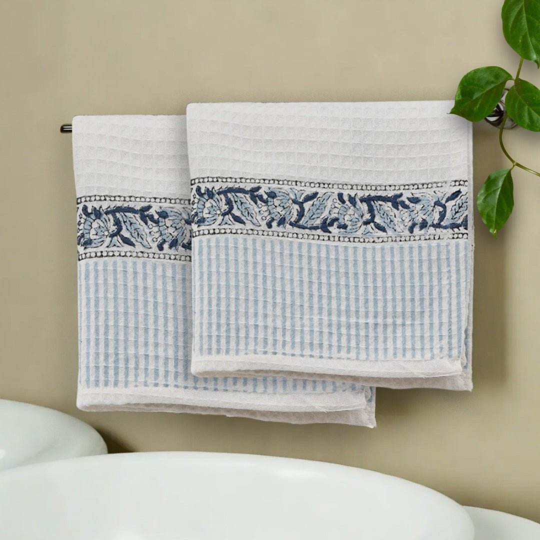 White & Blue Pattern Pure Cotton Block Printed Bath & Hand Towel Set