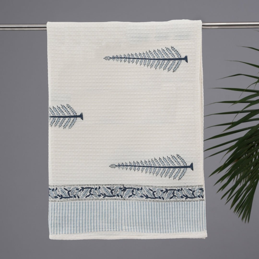 White & Blue Pattern Pure Cotton Block Printed Bath & Hand Towel Set
