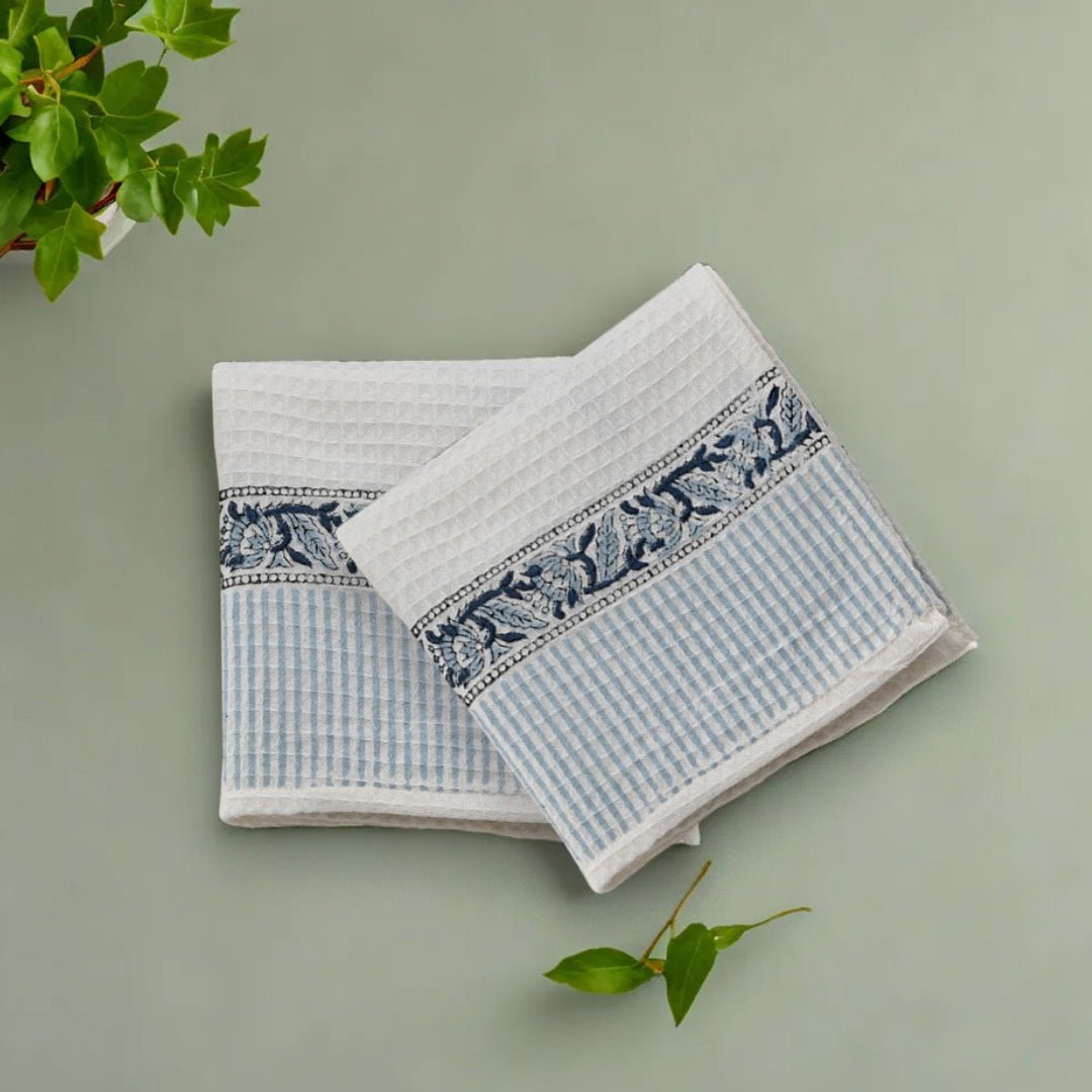 White & Blue Pattern Pure Cotton Block Printed Bath & Hand Towel Set
