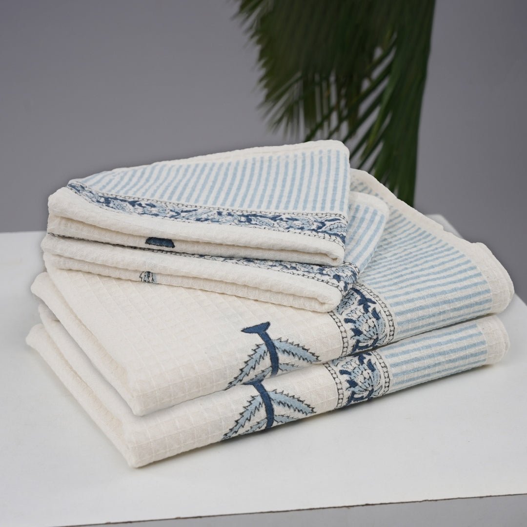 White & Blue Pattern Pure Cotton Block Printed Bath & Hand Towel Set