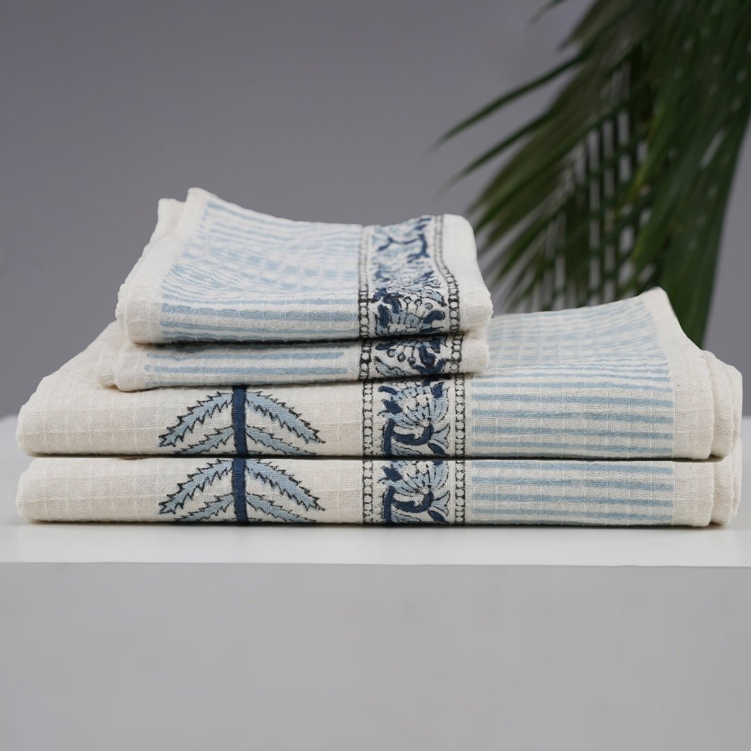 White & Blue Pattern Pure Cotton Block Printed Bath & Hand Towel Set