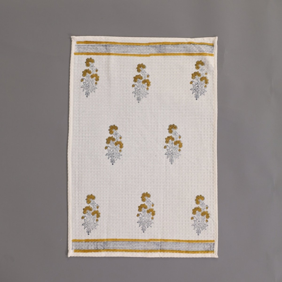 Pure Cotton Hand Towel Hand Block Printed In Yellow Floral Pattern